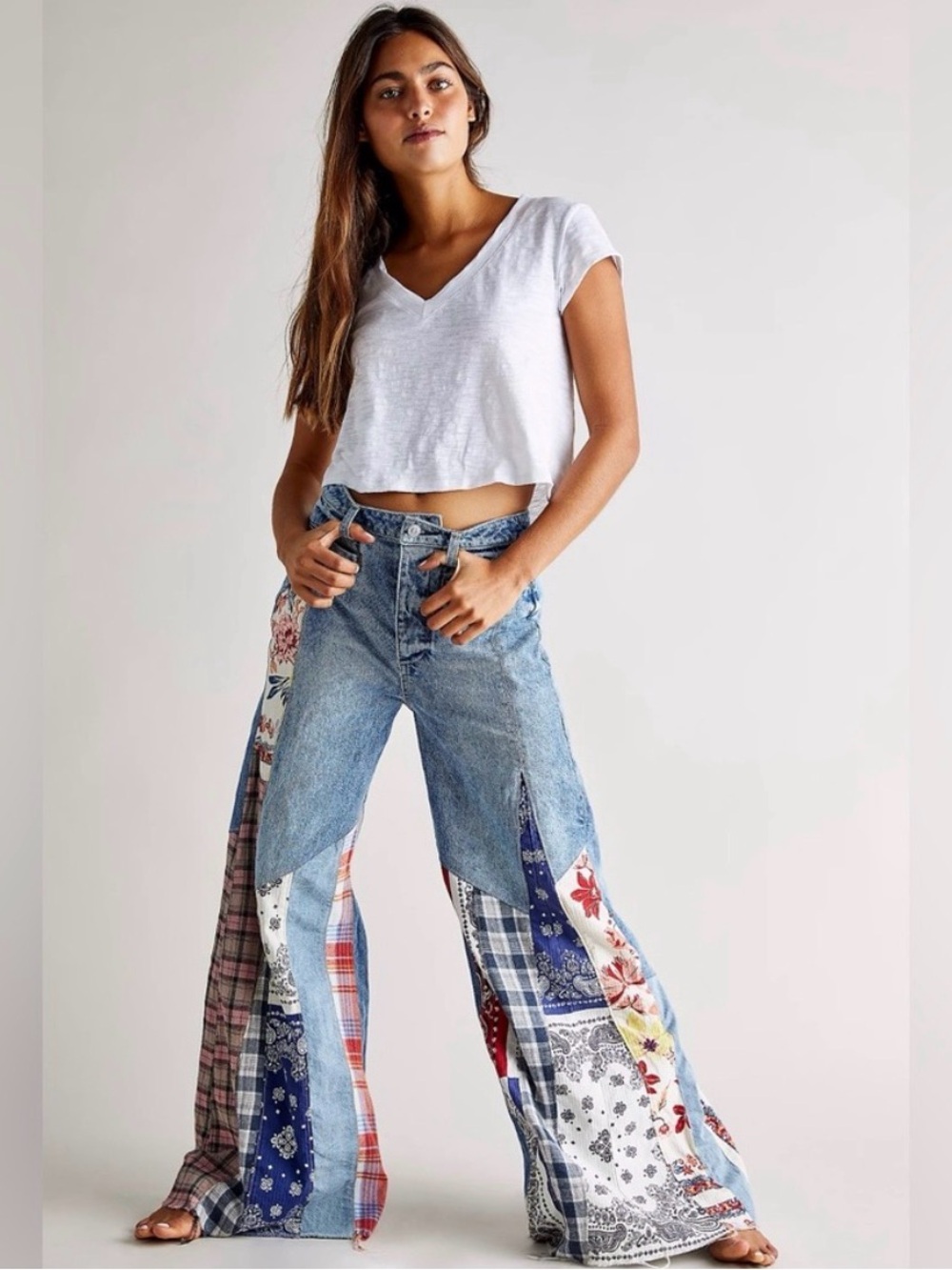 Free People We The Free Cortez Pieced Jeans Patchwork Wide-Leg Women’s Jeans 28